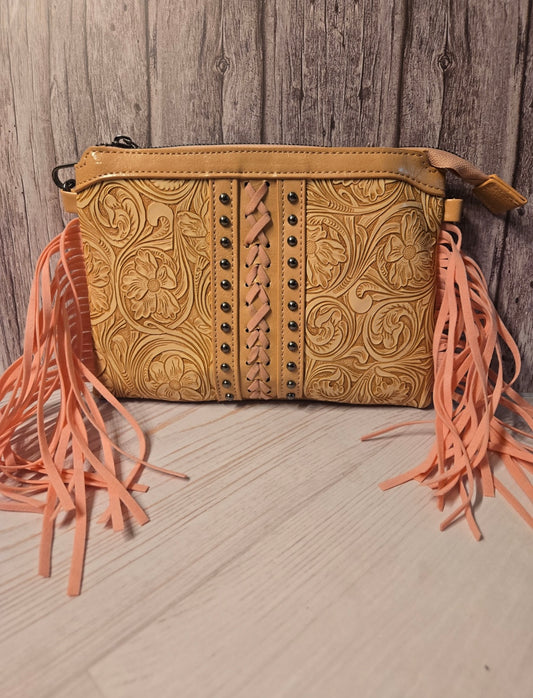 Pink Tooled Leather Fringe Purse